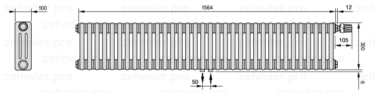 Схема (чертеж) Радиатор Zehnder Charleston 3030/34 №V008 Белый глянцевый RAL 9016
